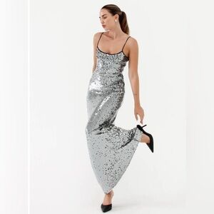 NWT Rumored Vintage Sequin Slip Maxi Dress in Black Silver Disco